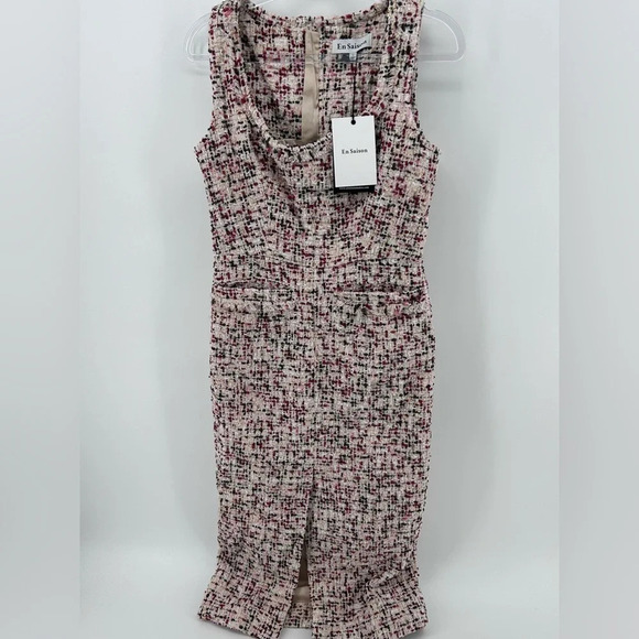 NWT En Saison Everleigh Midi Tweed Dress Beige Burgundy Size S - Picture 3 of 13
